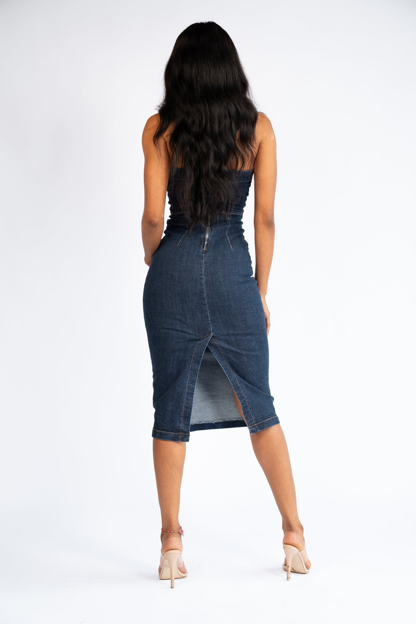 Strapless Stretch Denim Midi Dress