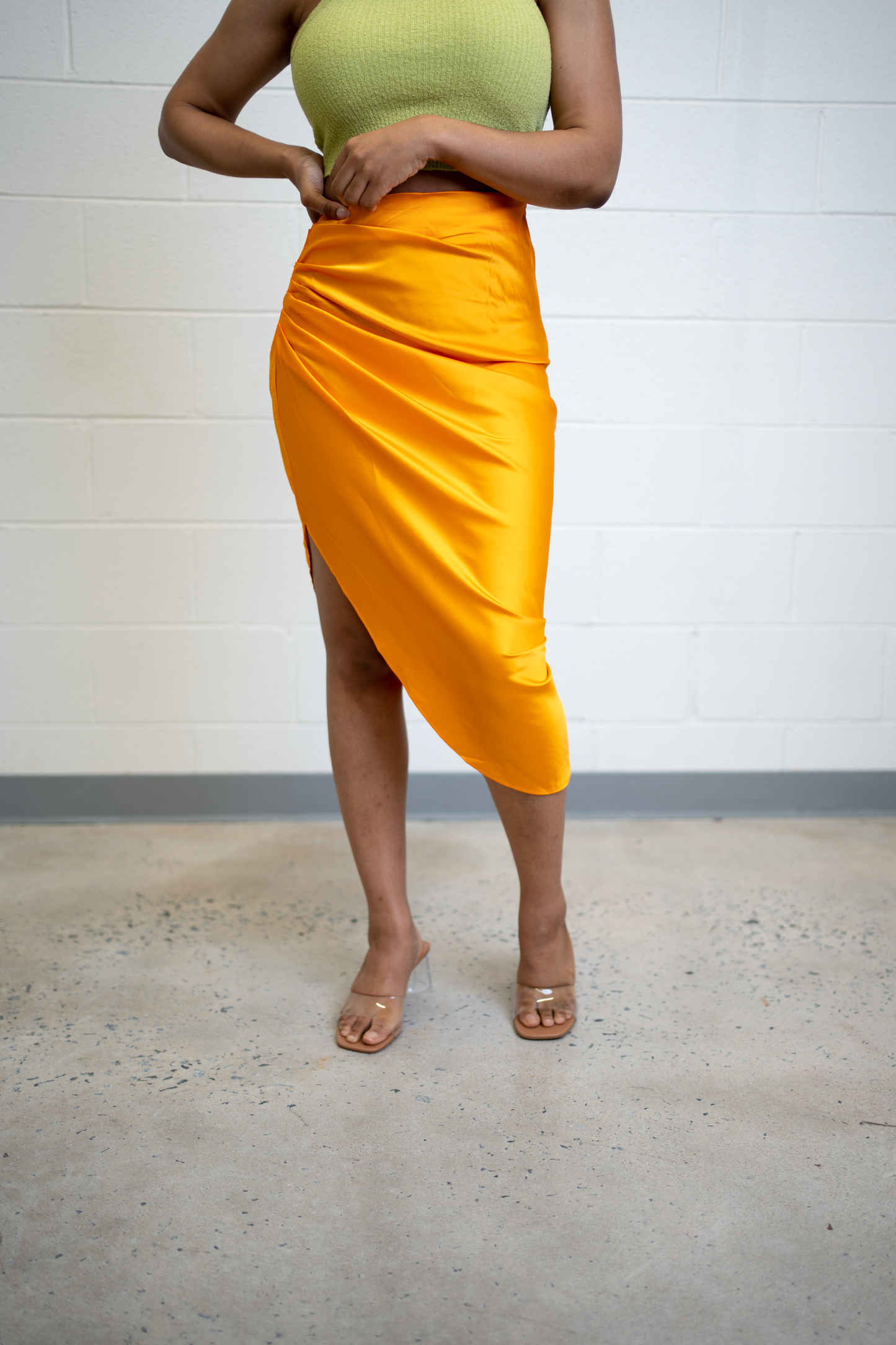 Satin Ruched Midi Skirt