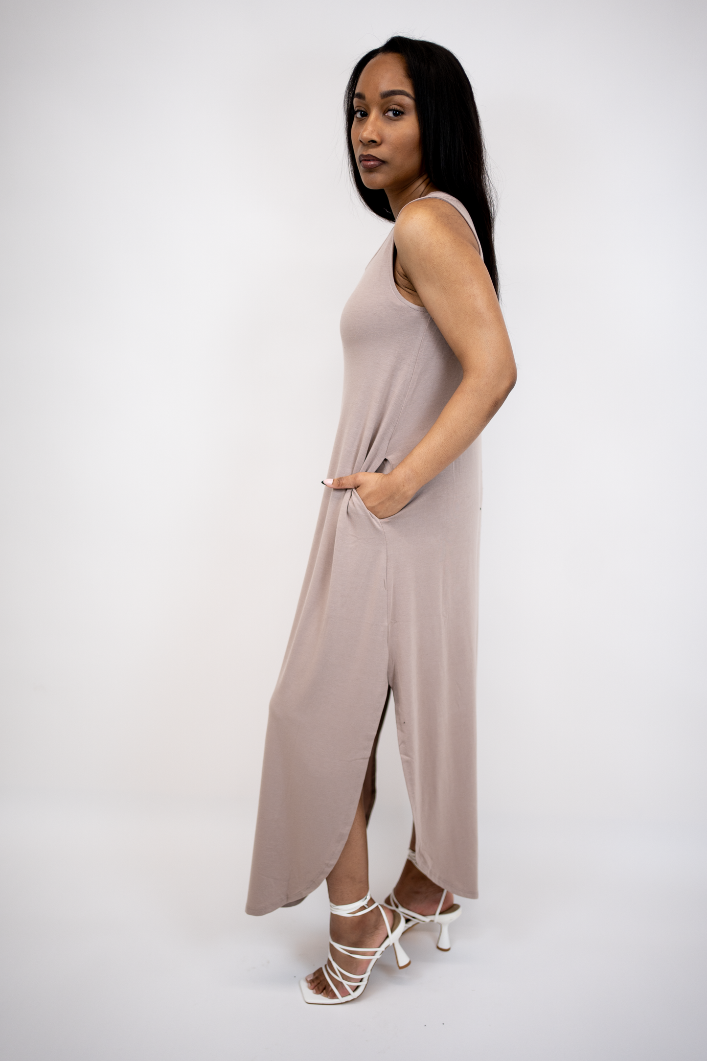 side of sleeveless maxi dress