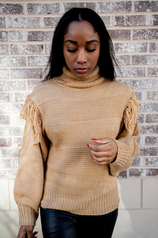 Fringe Trimmed Turtleneck Sweater