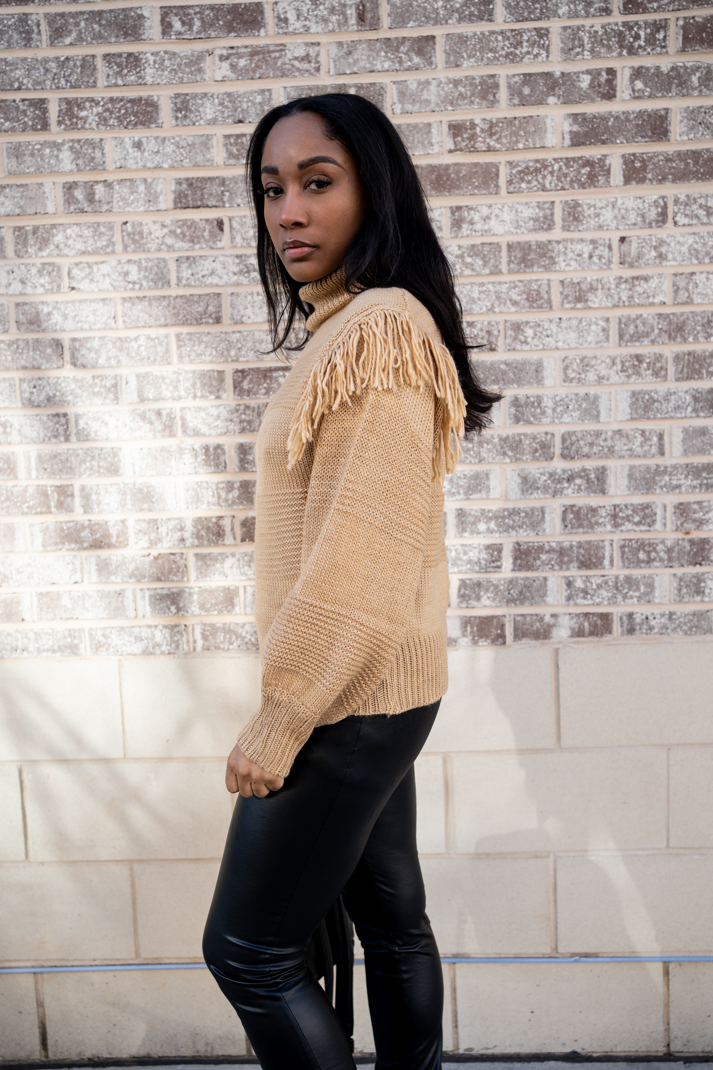 Fringe Trimmed Turtleneck Sweater