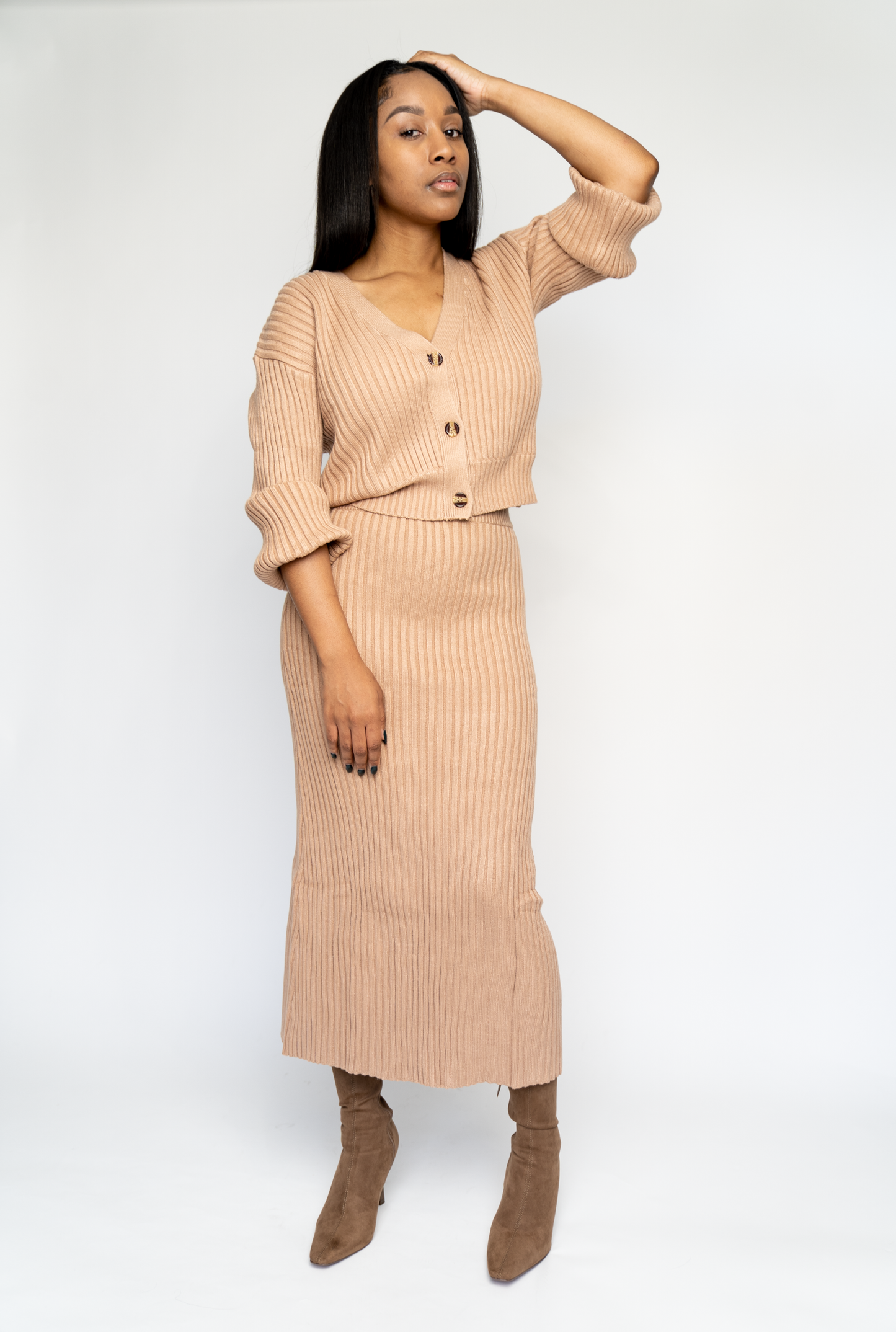 Ribbed Knit Skirt and Cardigan Set