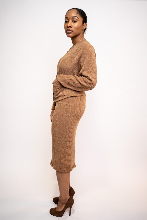 Two-piece midi knit skirt and cardigan set