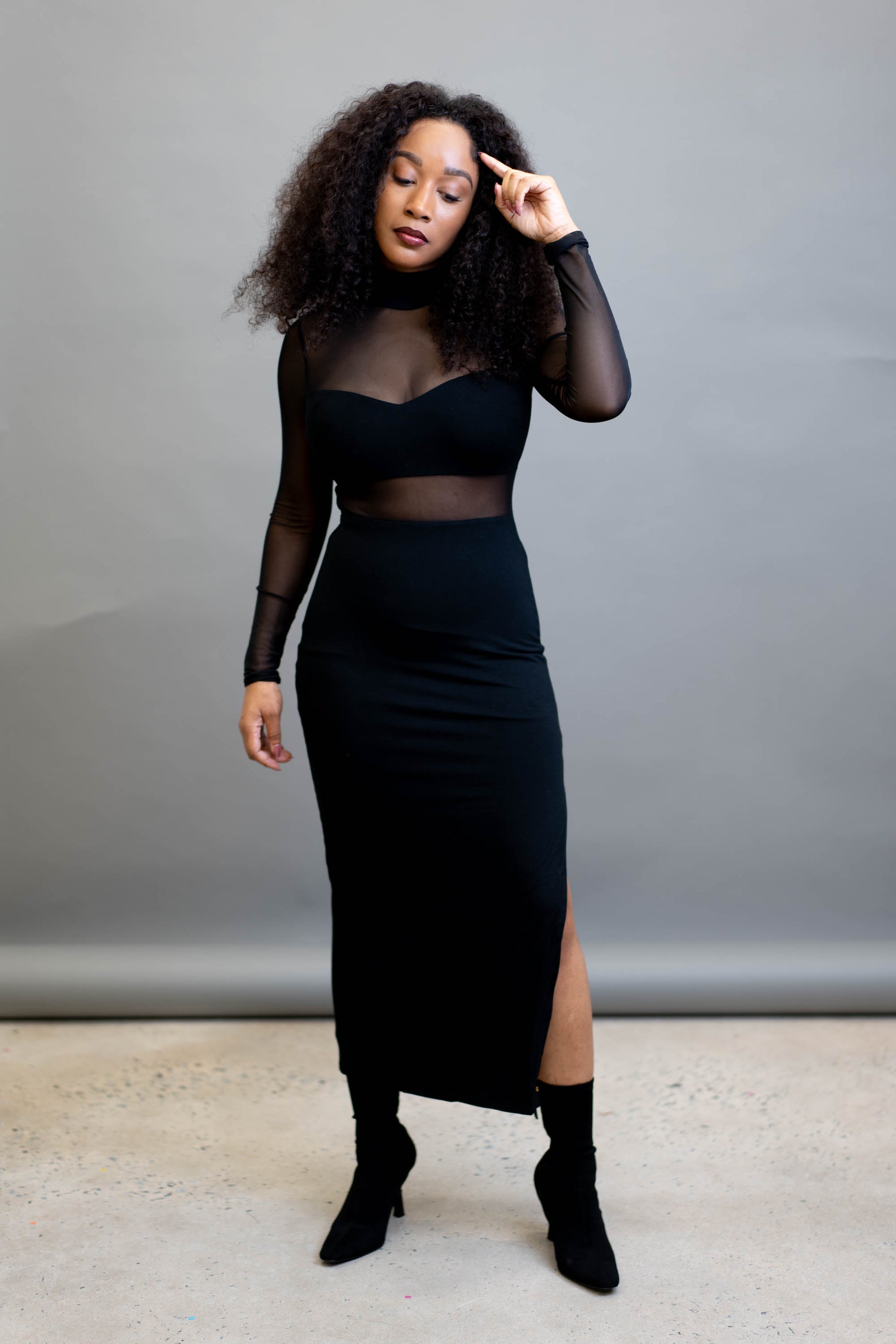 Mock Neck Mesh Cut Out Midi Dress BLANKWardrobe Mock Neck Mesh Cut Out Midi Dress BLANKWardrobe