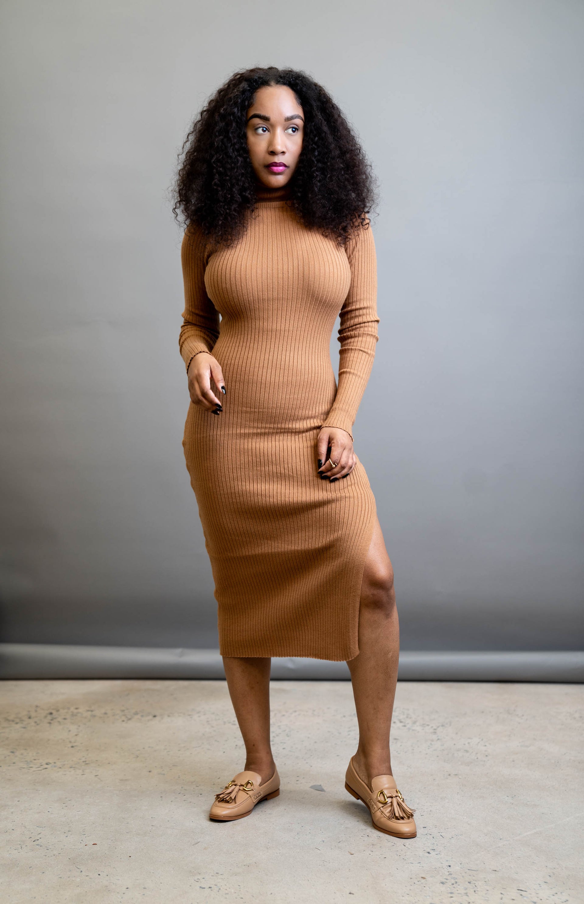 Turtleneck Ribbed Sweater Dress with Front Slit (Light Brown) Medium / Light Brown