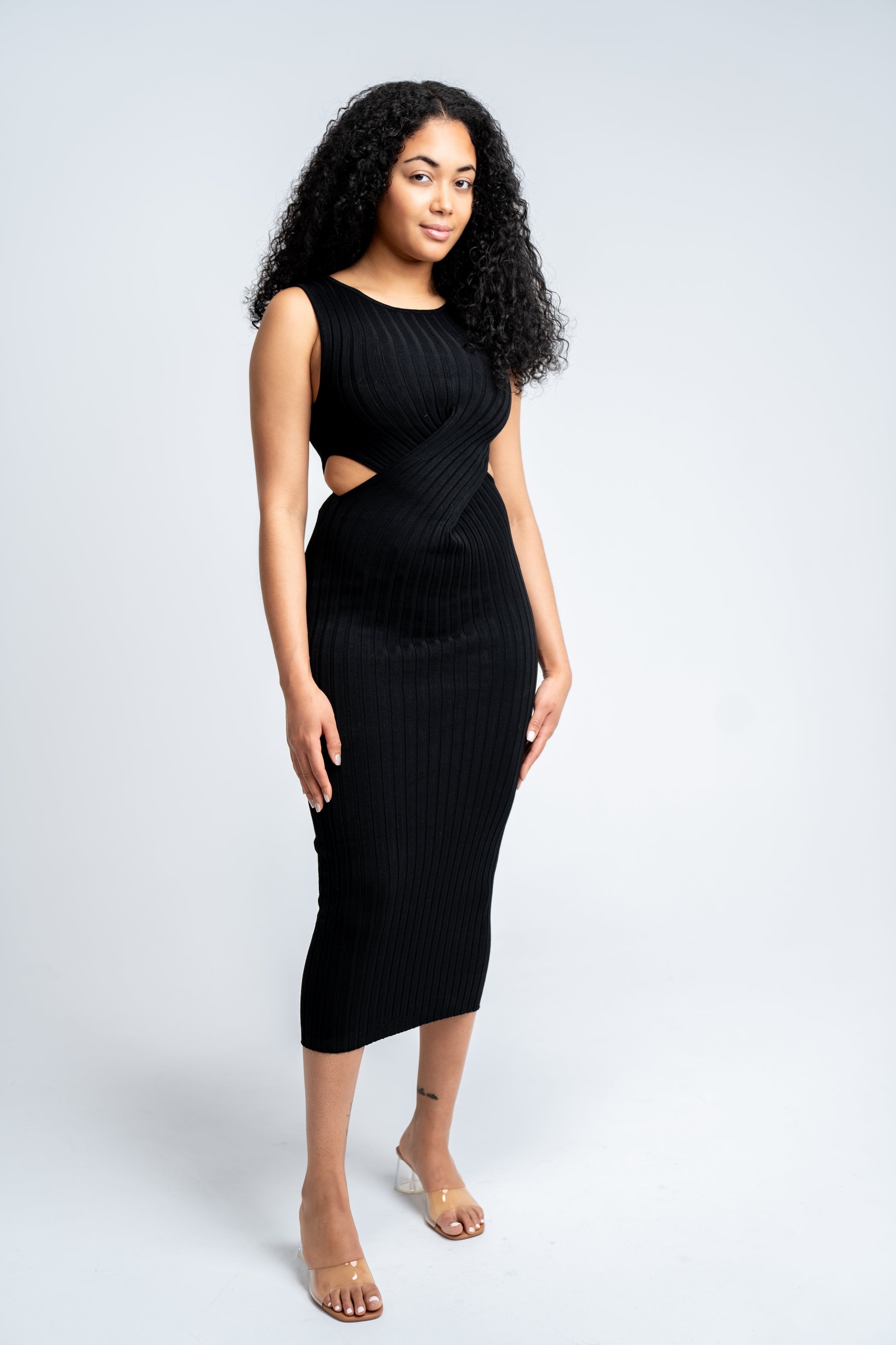 Waist Cut Out Ribbed Knit Dress Large / Light Sage Waist Cut Out Ribbed Knit Dress Large / Light Sage