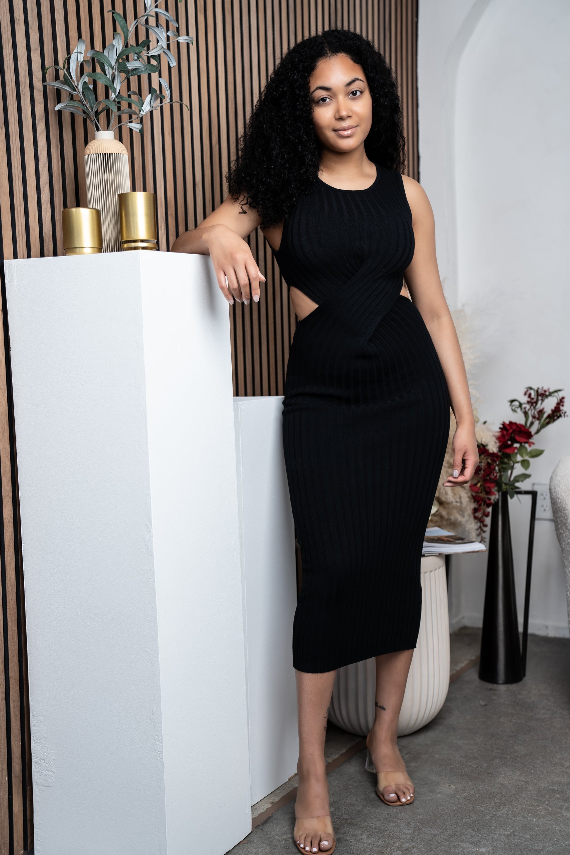 cut out ribbed dress Cut Out Ribbed Sweater Dress Large / Black