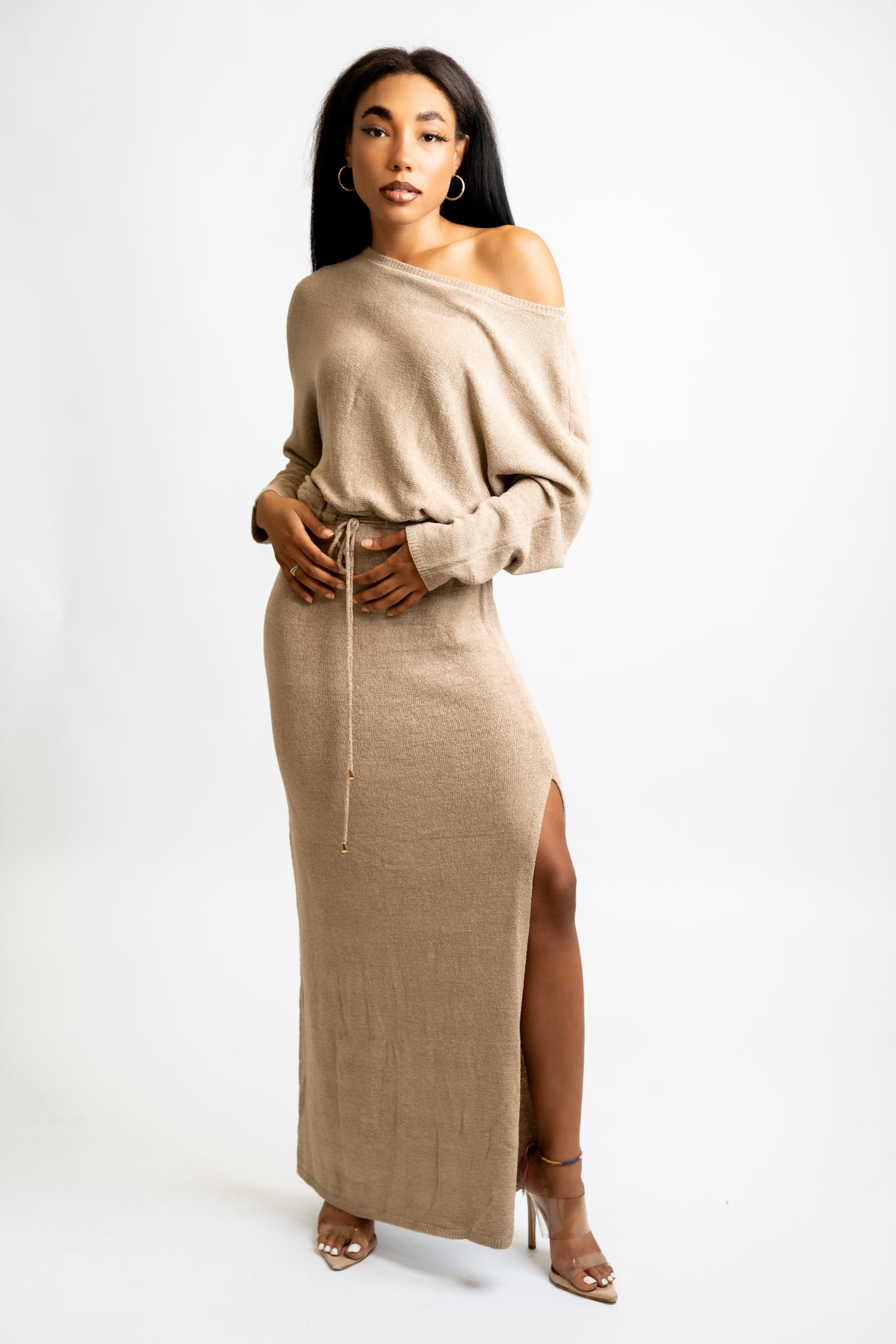 ribbed off the shoulder maxi dress Cozy Ribbed Fold Over Off The Shoulder Maxi Sweater Dress
