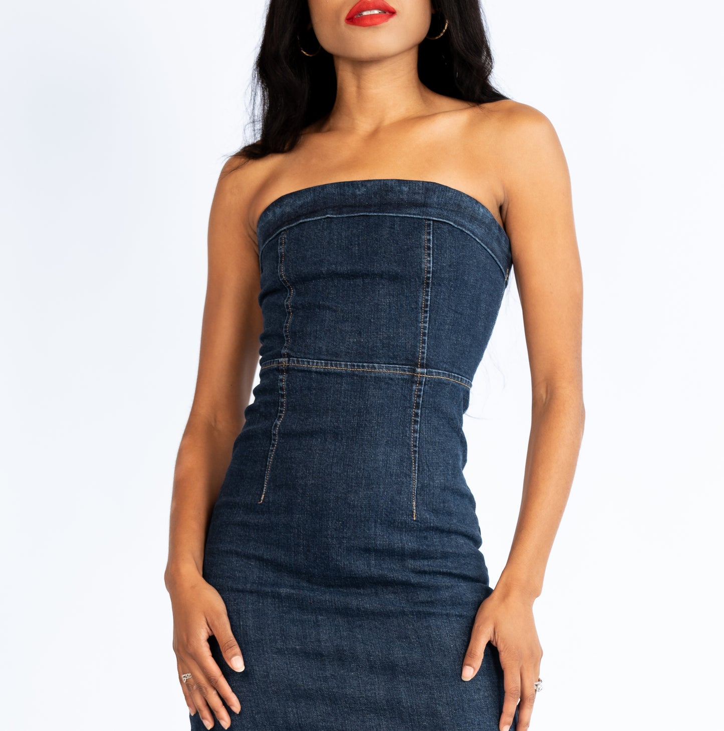 Strapless Stretch Denim Midi Dress