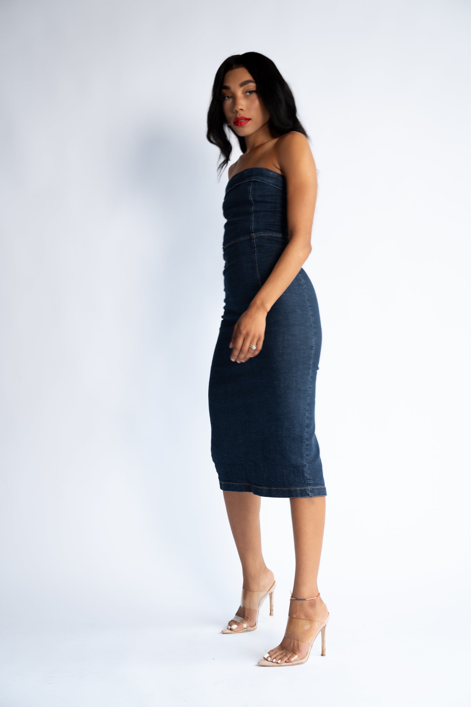 stretch denim midi dress Karen Millen Stretch Denim Snaffle Trim Collared Midi Dress in Mid Wash