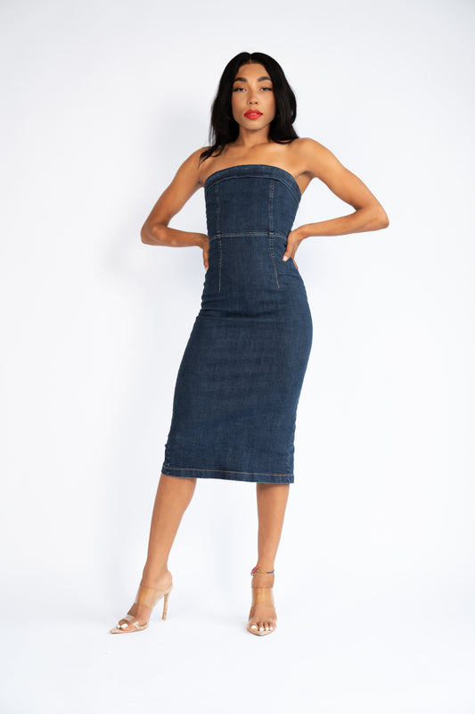 Strapless Stretch Denim Midi Dress