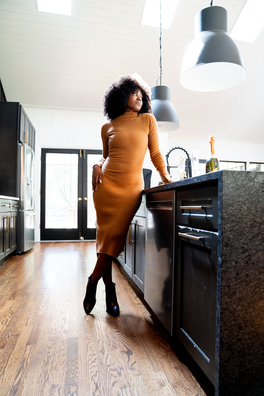 Turtleneck Ribbed Sweater Dress with Front Slit (Light Brown)