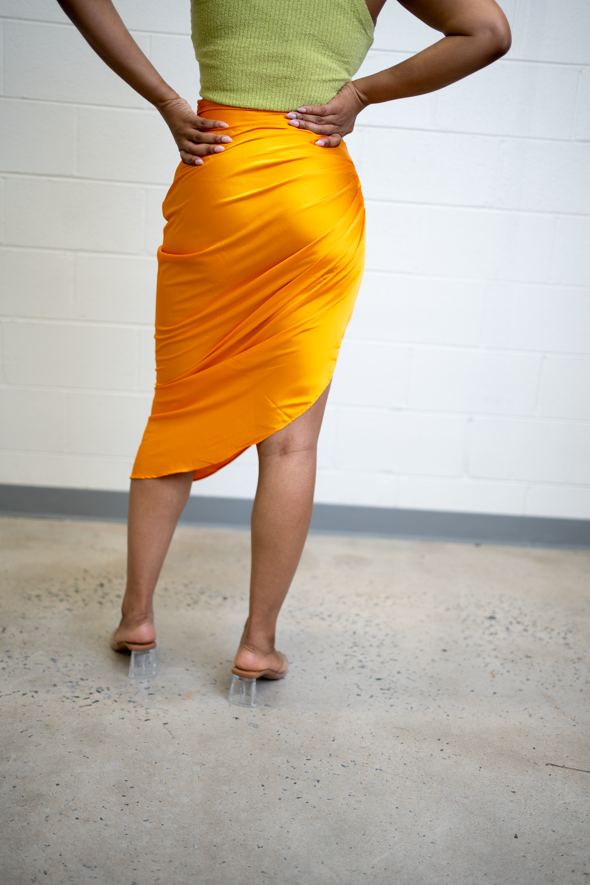 Satin Ruched Midi Skirt