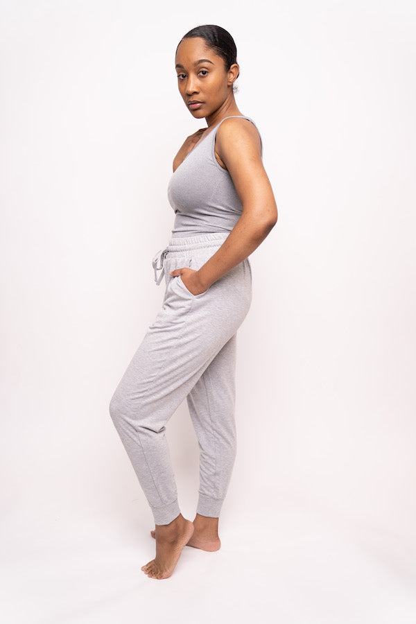 Tank Top and French Terry Jogging Pant Two-Piece Set (Olive/Heather Gray)