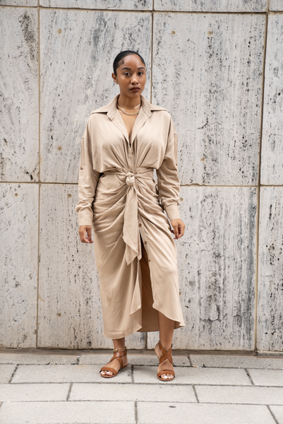 Button Down Shirt Dress with Front Tie Small / Taupe