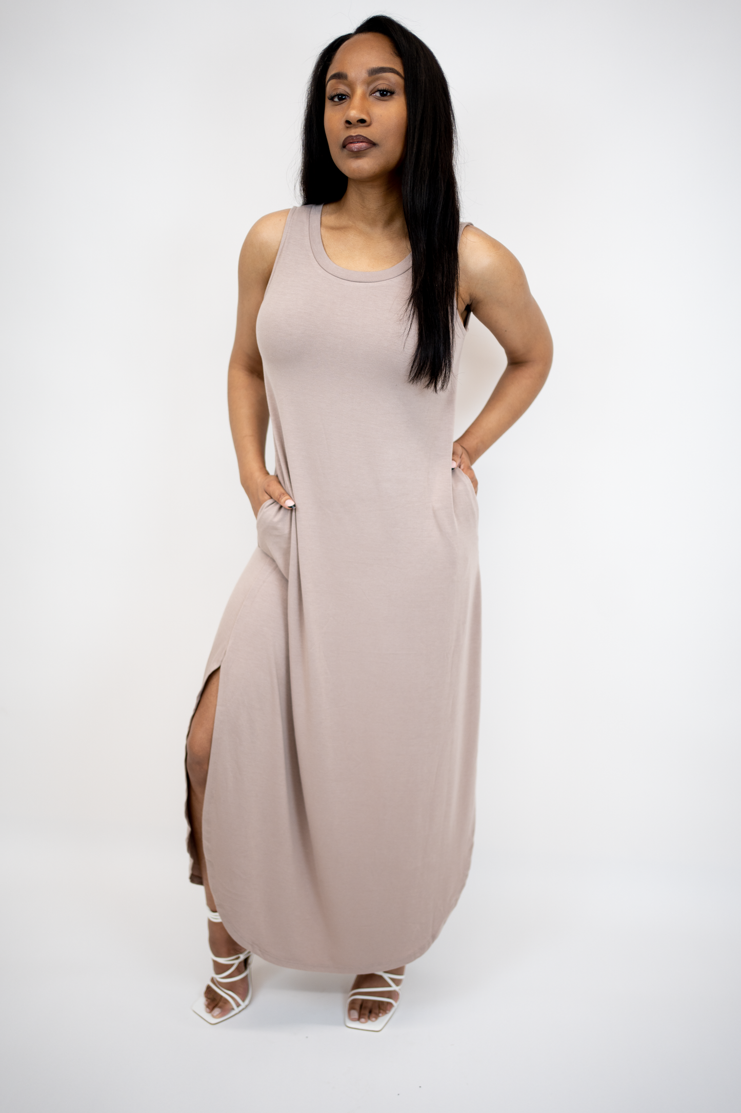 front of sleeveless maxi dress