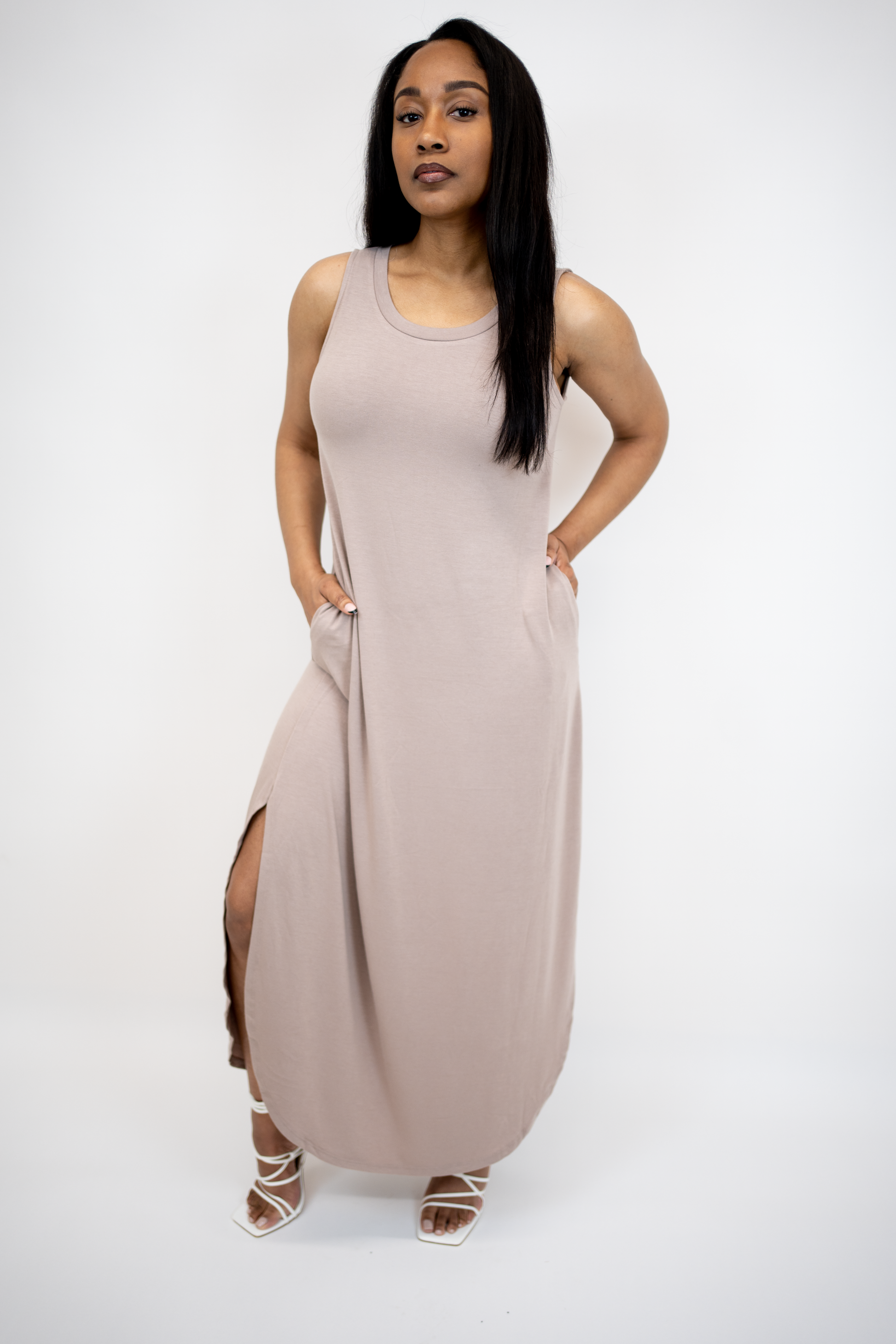 sleeveless maxi dress with pockets Nothing But A Breeze Sleeveless Side Slit Maxi Dress With Pockets