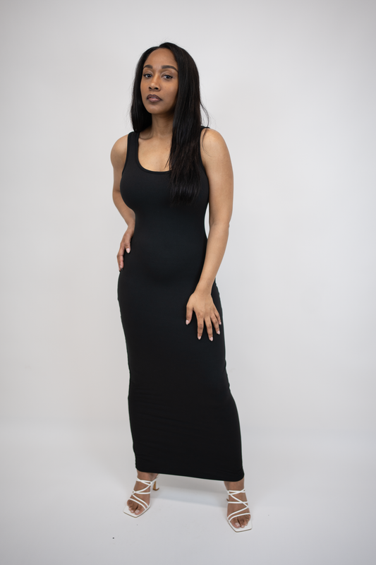 front of fitted black maxi dress