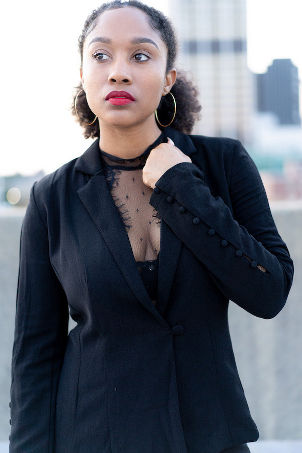 Going-Out black Blazer with black lace bodysuit underneath