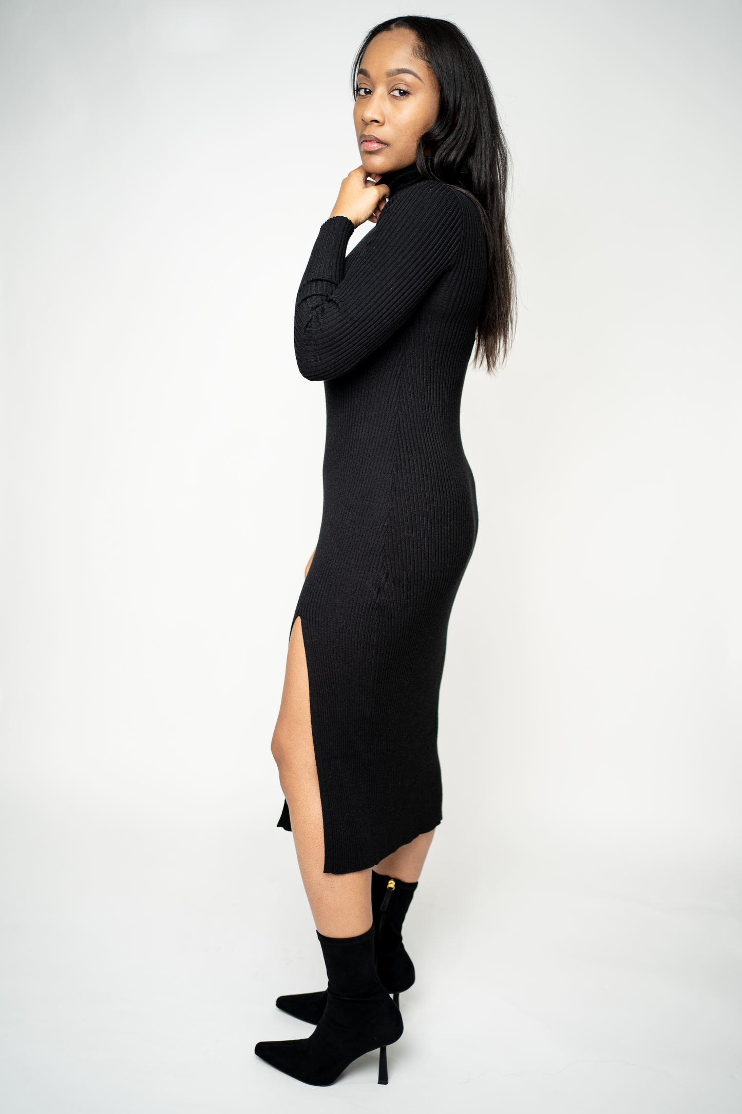 Turtleneck Ribbed Sweater Dress with Front Slit (Black)