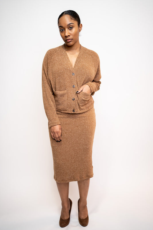 Two-piece midi knit skirt and cardigan set